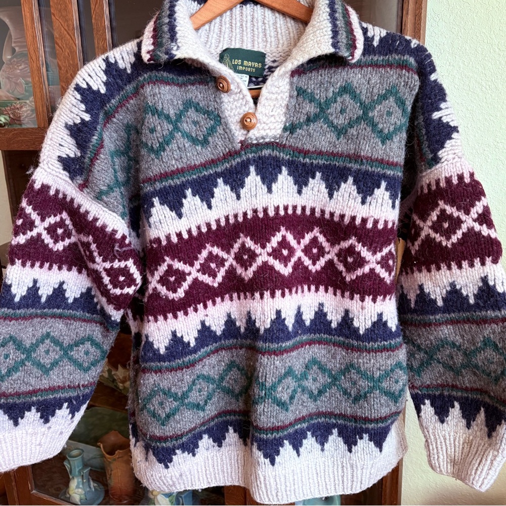 Vintage Los Mayas Imports Hand Crafted Chunky Wool Sweater Size M Ecuador